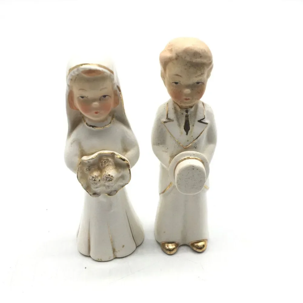 Vtg Porcelain Bride and Groom Wedding Topper White Gold 5” Japan READ Distressed